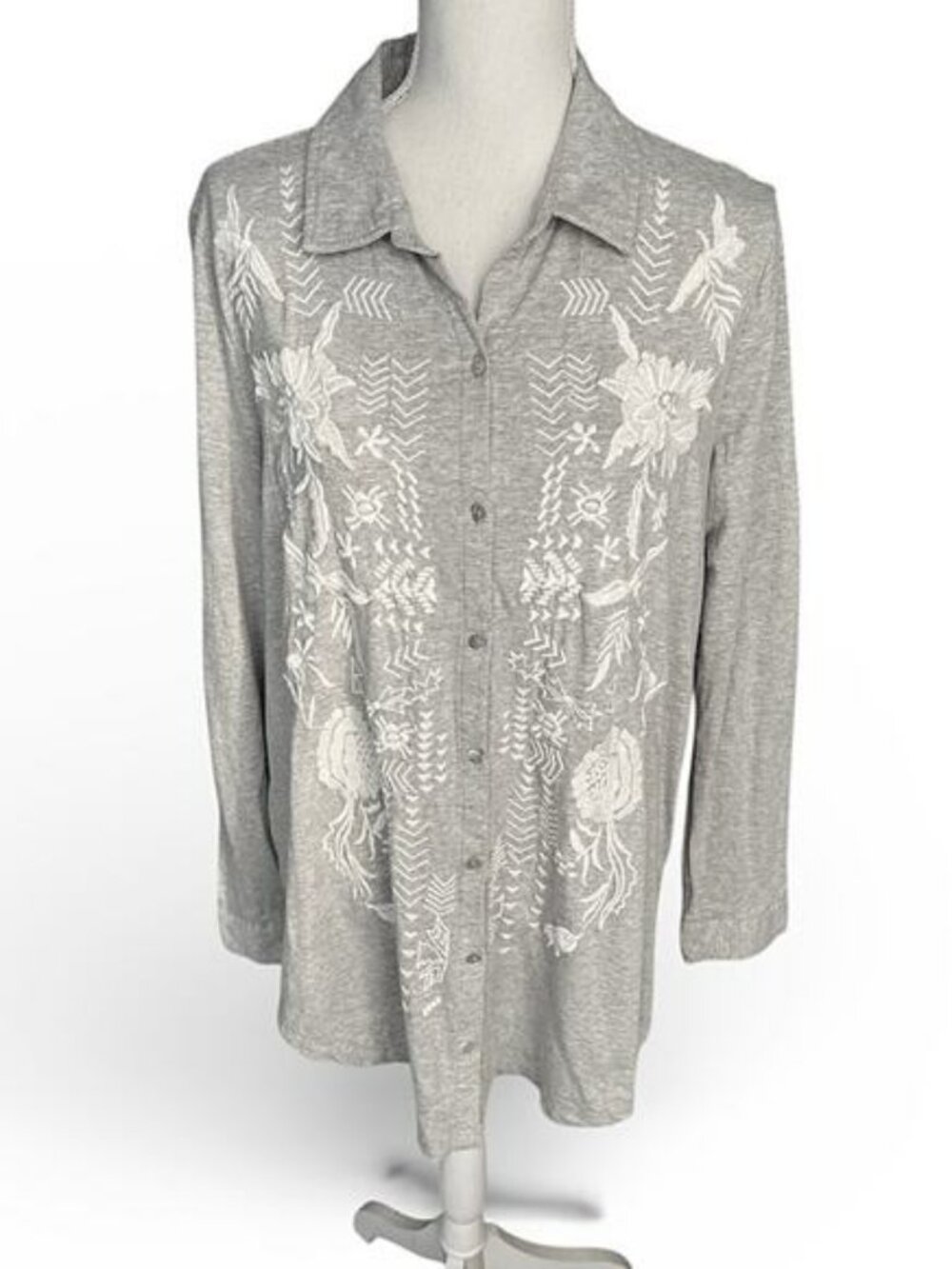 Soft Surroundings Lacey Shirt Embroidered Button down Gray Tunic Top boho